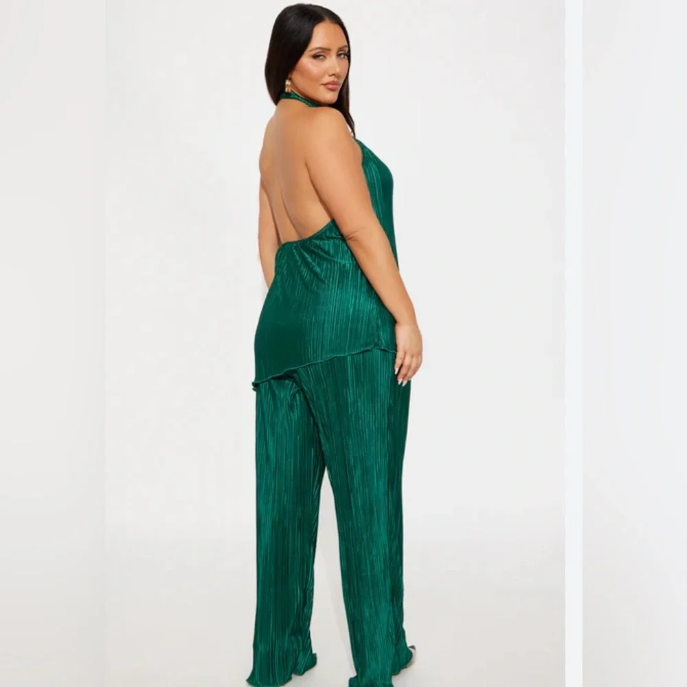 Elegant Commnse Halter Top Pant Set Emerald Green Plisse Pleated 2pc Size XL - Picture 2 of 5